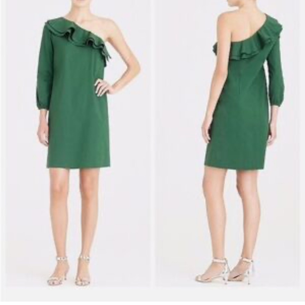 J Crew One Shoulder Ruffle Cotton Poplin Dress Green Women’s Plus size 18 NWT
